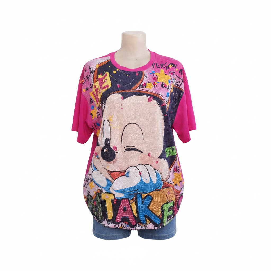 Hot Pink Rhinestone Cartoon Graphic Oversized Top - Ghost Mannequin Front View