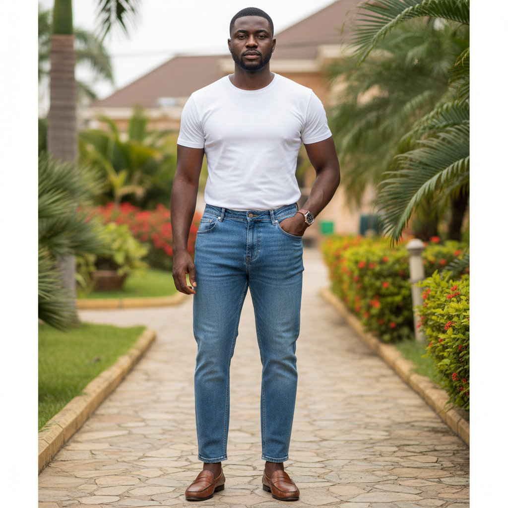 Nigerian male model wearing Men's Medium Blue Carrot-Fit Tapered Denim Jeans