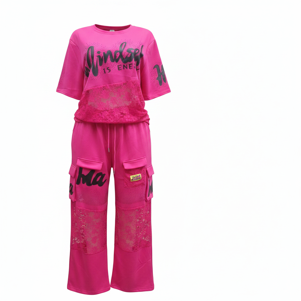 Hot pink slogan graphic tee and lace panel cargo wide-leg trouser set ghost mannequin full outfit view