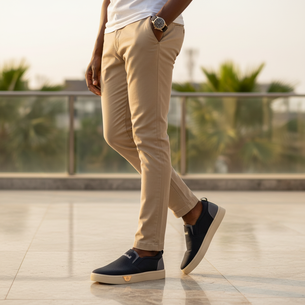 Nigerian male model wearing Timberland navy blue lug sole slip-on loafers, smart-casual leg focus lifestyle shot