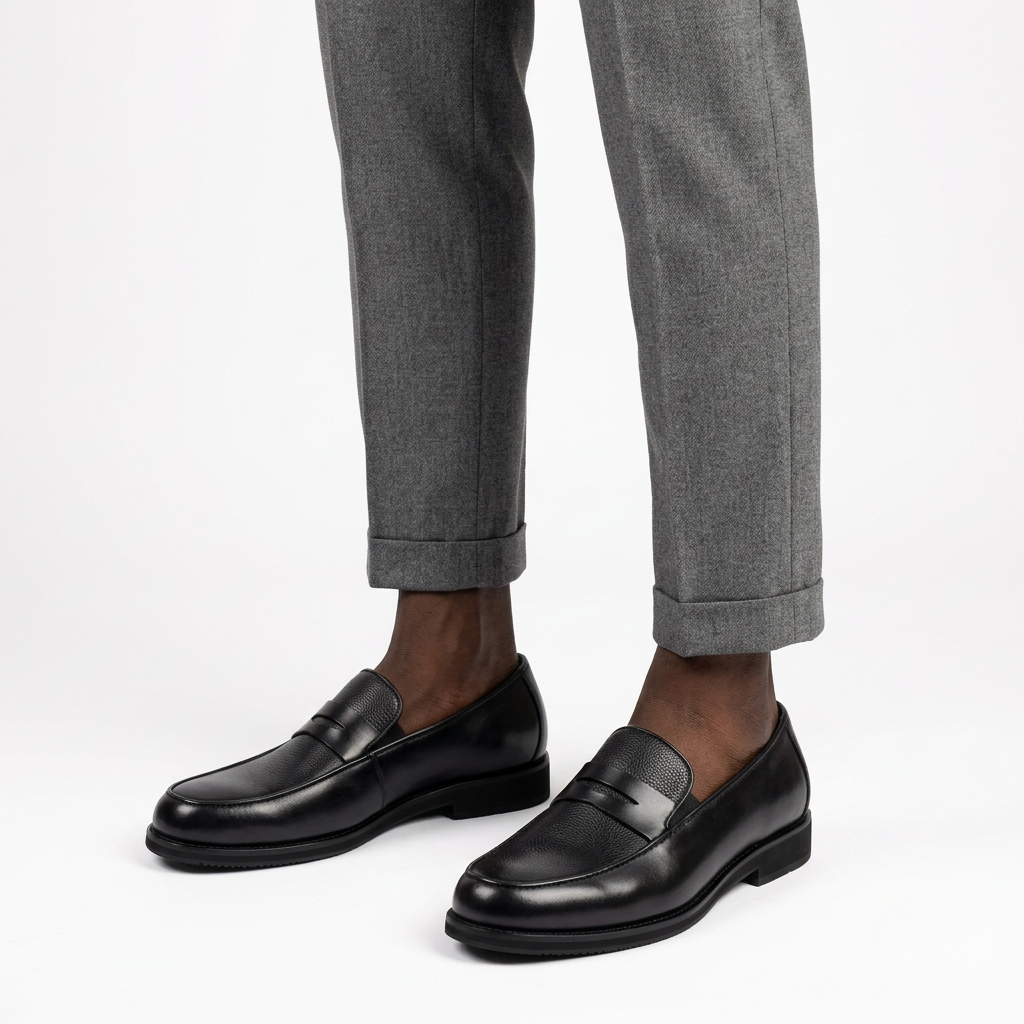 Black textured penny loafers worn on both feet with grey trousers