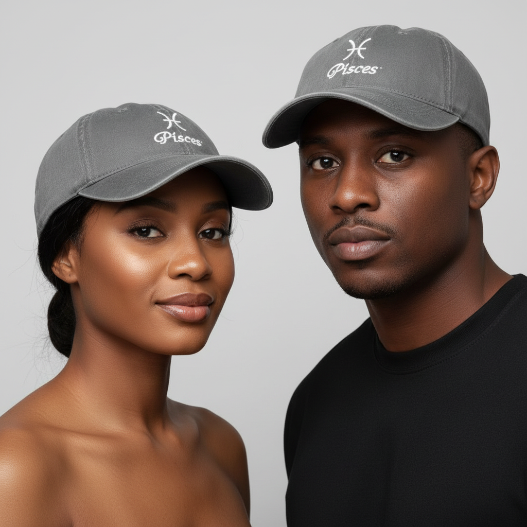 Nigerian male and female models wearing muted grey Pisces zodiac embroidered dad cap