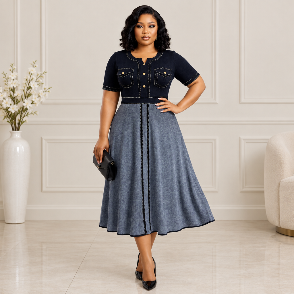 Adult Black woman wearing black and grey flared dress