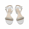 Women's white silver rhinestone flat strappy sandal both feet pair on white background
