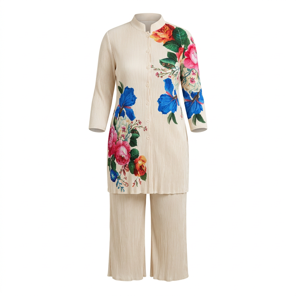 Cream floral tunic and wide-leg trouser set on an invisible mannequin