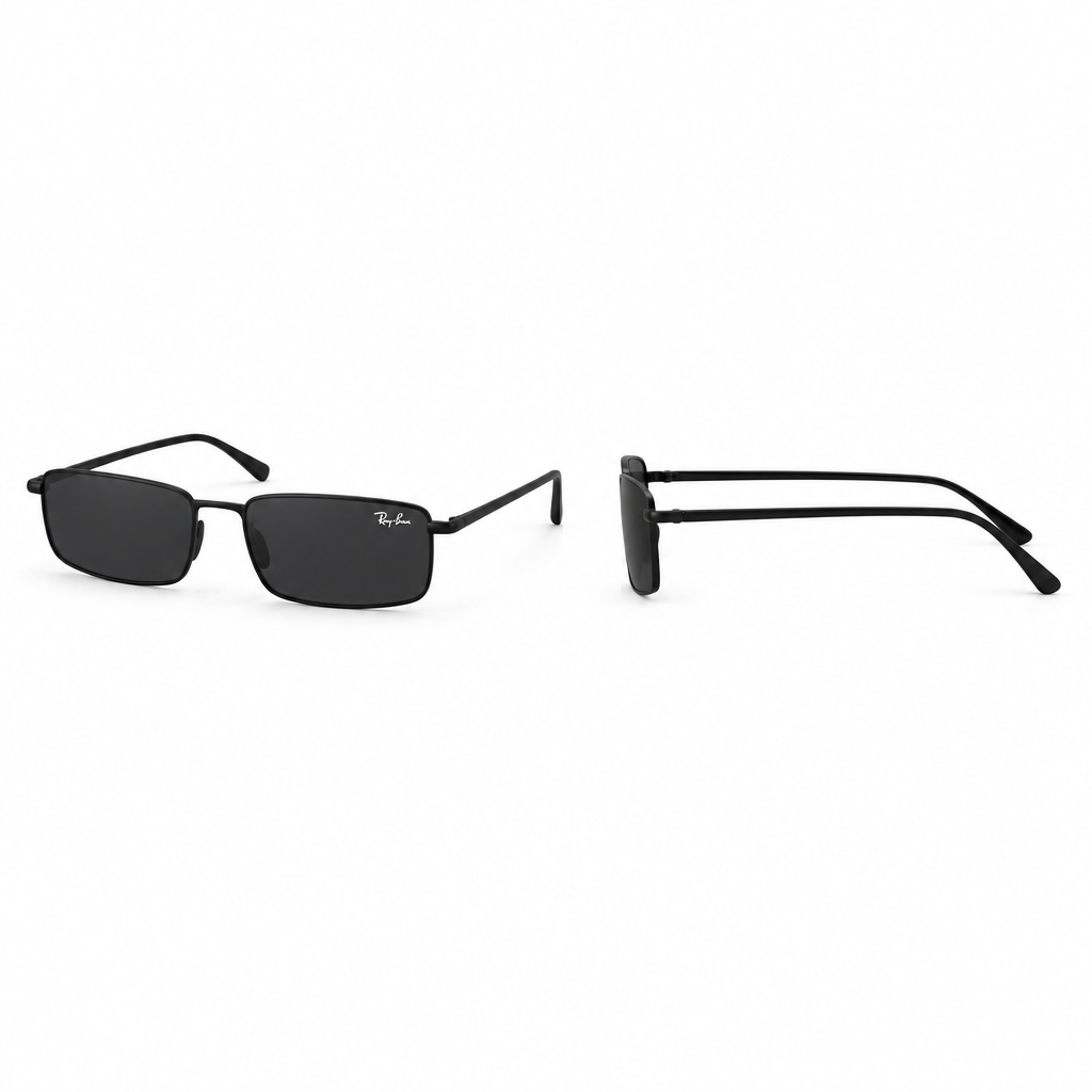 Black rectangular sunglasses in front and side views