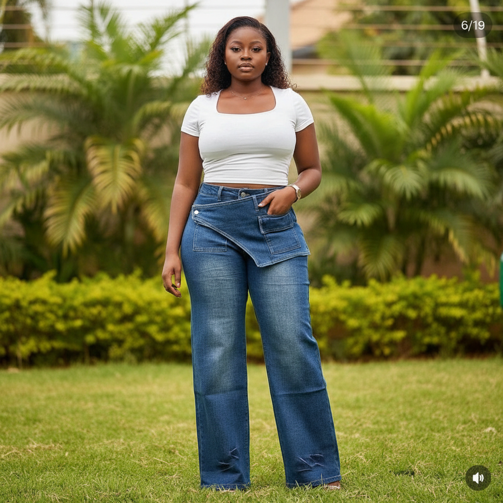 Nigerian female model wearing dark blue baggy denim jeans with asymmetric wrap panel in garden setting