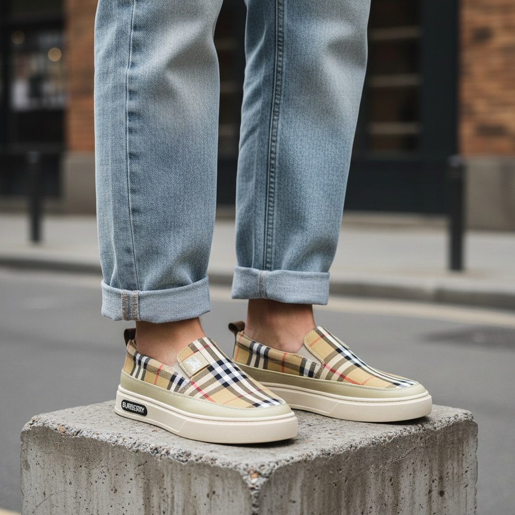 Model wearing beige tartan plaid check slip-on sneakers leg shot