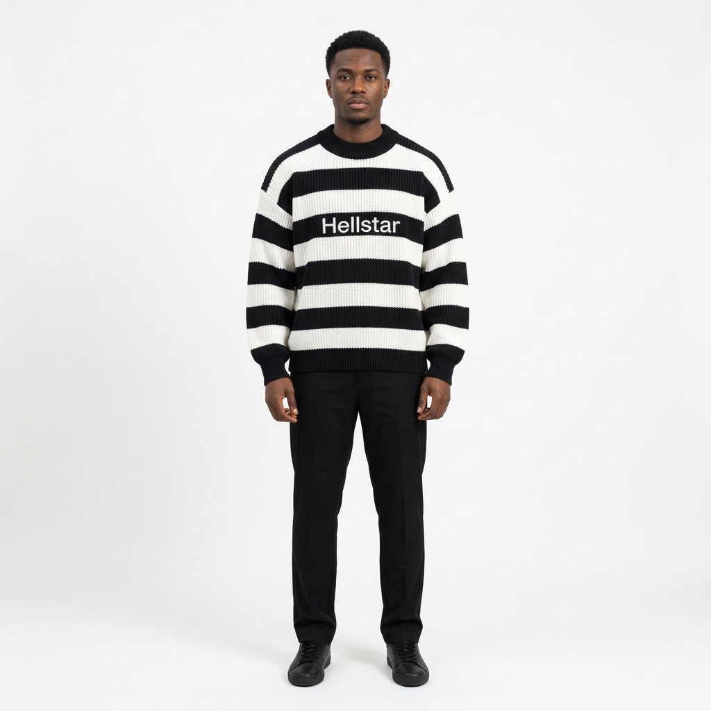 Full-body adult Black man wearing a black and white striped knit sweater