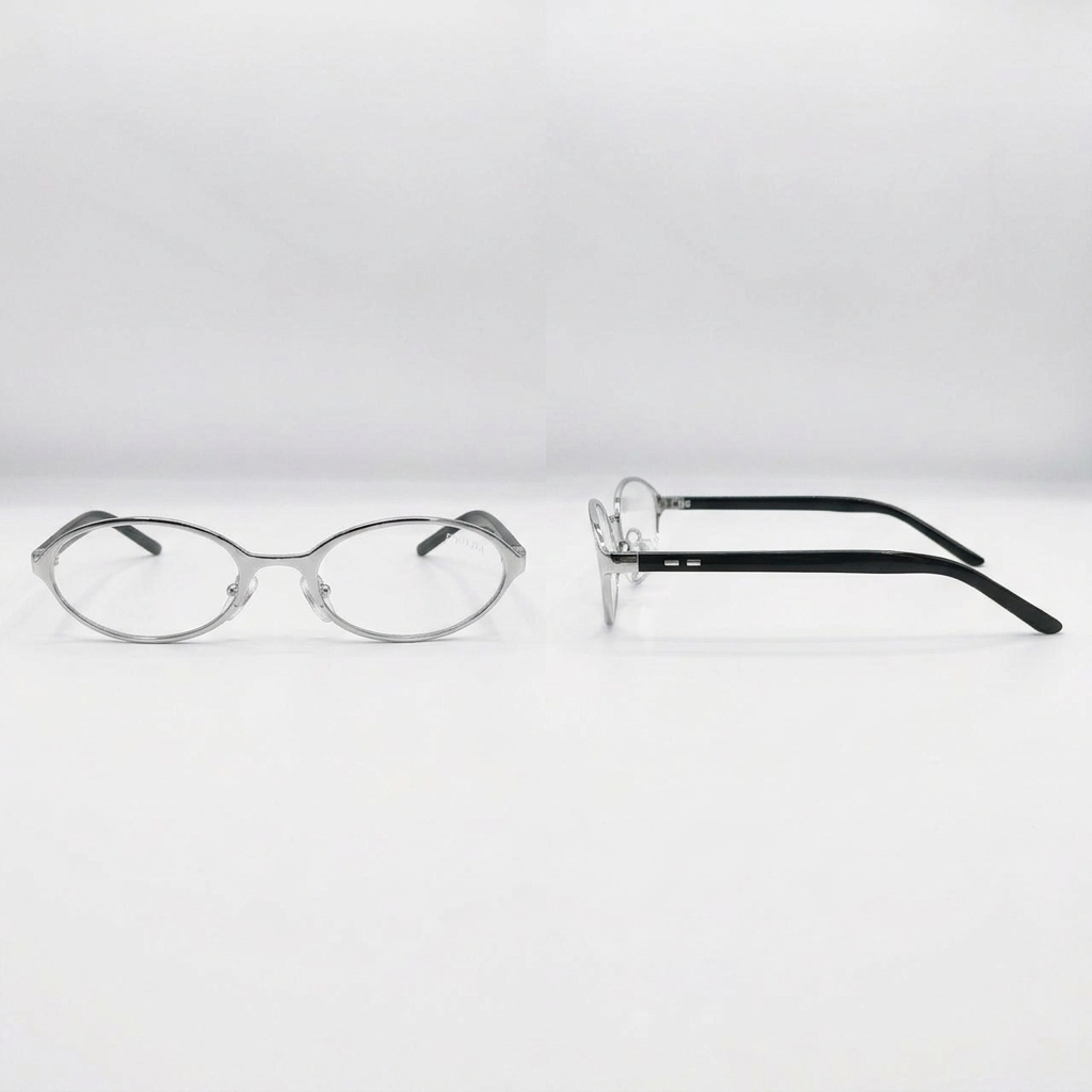 Silver-tone oval clear-lens glasses with black arms, front and side views on white