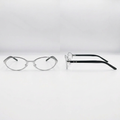 Silver-tone oval clear-lens glasses with black arms, front and side views on white