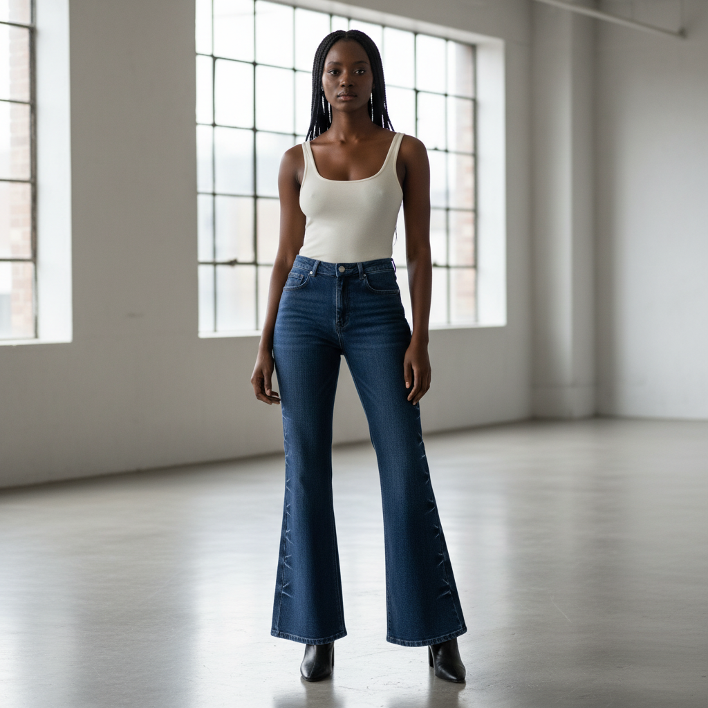 Nigerian female model wearing dark navy zigzag stitch wide-leg flare jeans front view