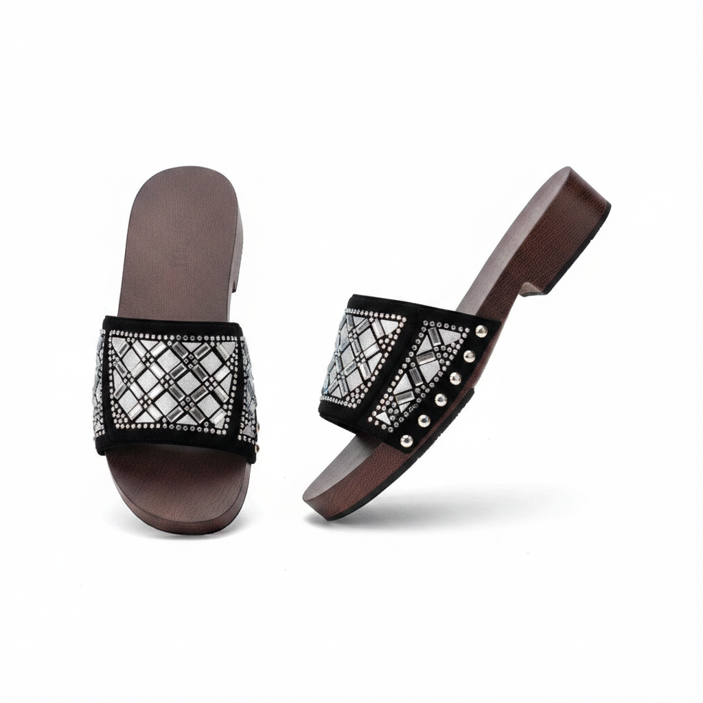 Women's Diamond-Grid Rhinestone Slide Slipper - Gold Colourway Ghost Mannequin Clean