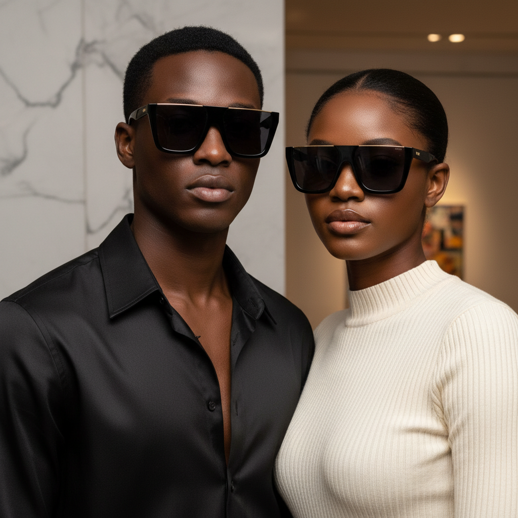 Oversized Flat-Top Square Sunglasses Black Gold – Unisex Model Shot Together