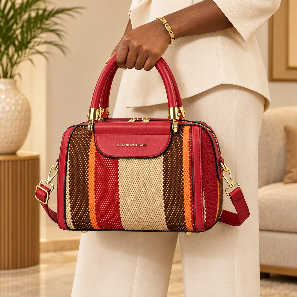 Black Nigerian woman holding red and cream woven-look satchel