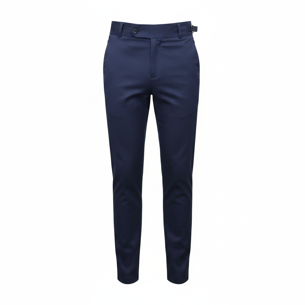 Ghost mannequin front view of navy blue slim fit chino trousers with side buckle waist
