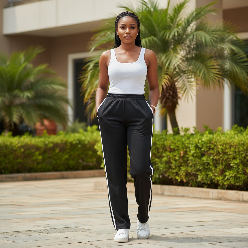 Model shot — Women's Black Trousers with White Contrast Trim