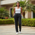 Model shot — Women's Black Trousers with White Contrast Trim