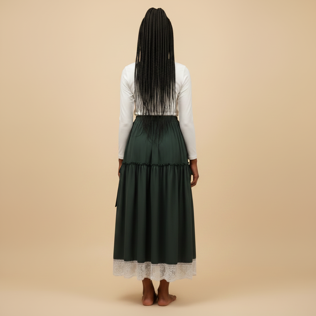 Nigerian girl wearing dark green lace hem tiered midi skirt - back view