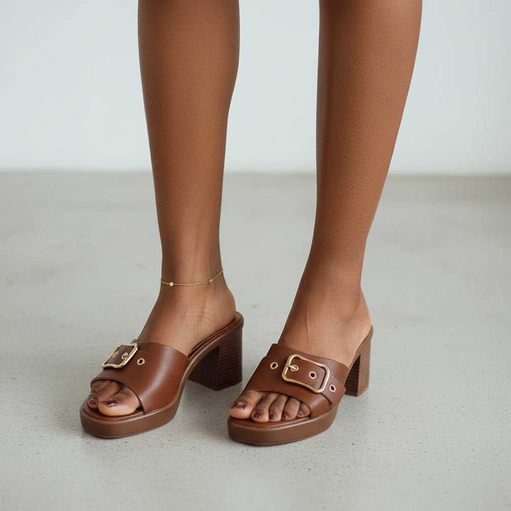Women's Block Heel Buckle Mule - Model Leg Shot