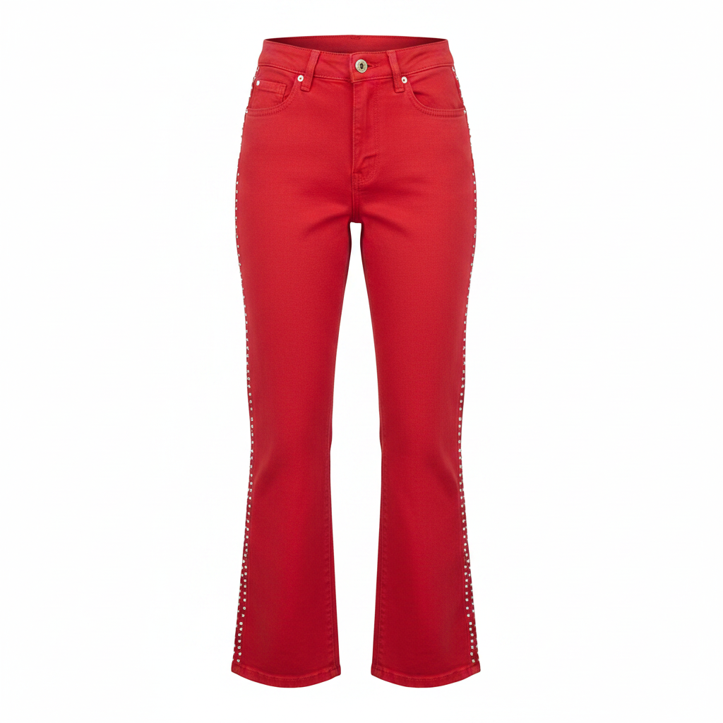 Red Side-Rhinestone Straight-Leg Jeans - Ghost Mannequin Front