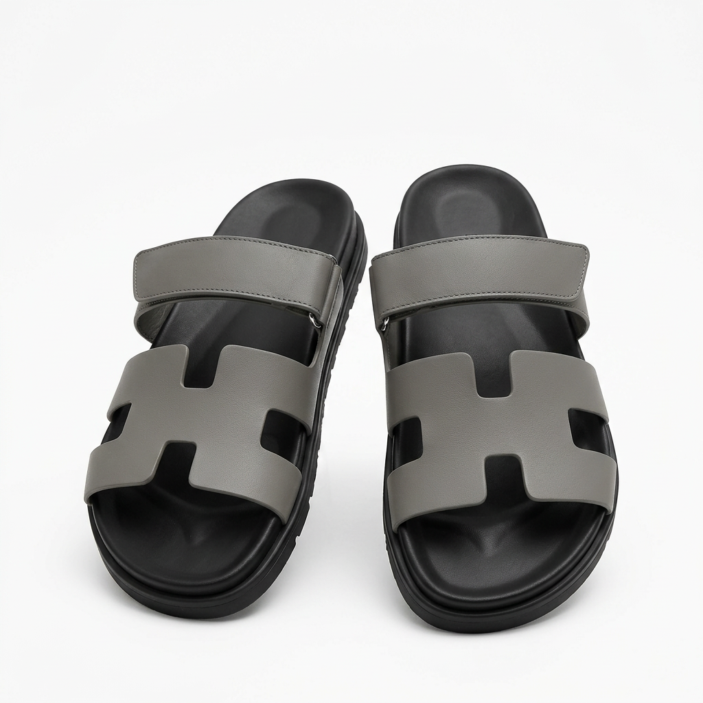 Pair of grey cutout-strap slides with black footbeds on white background