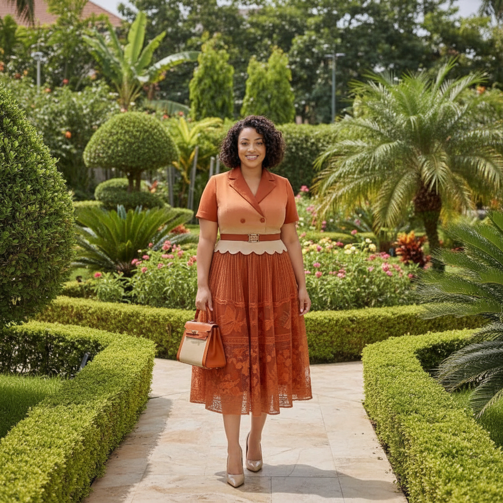Women's Burnt Orange & Tan Blazer Bodice Embroidered Tiered Midi Gown - Nigerian Female Model