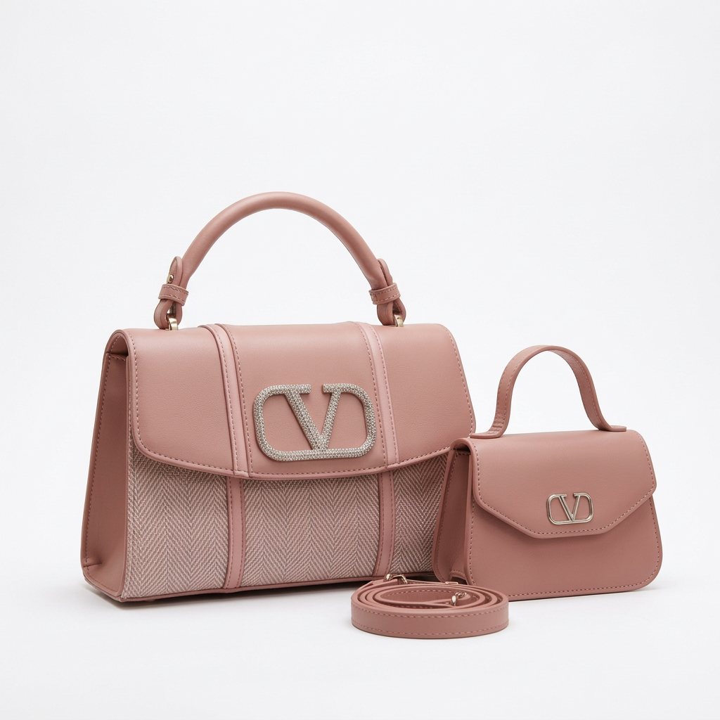 Dusty rose herringbone-panel top-handle handbag beside smaller smooth flap bag and coiled strap