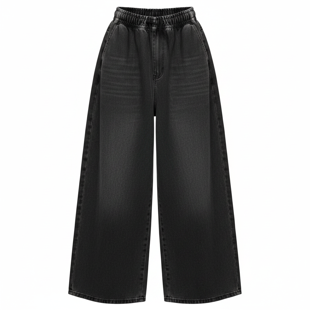Women's black washed wide-leg baggy denim jeans — ghost mannequin front view