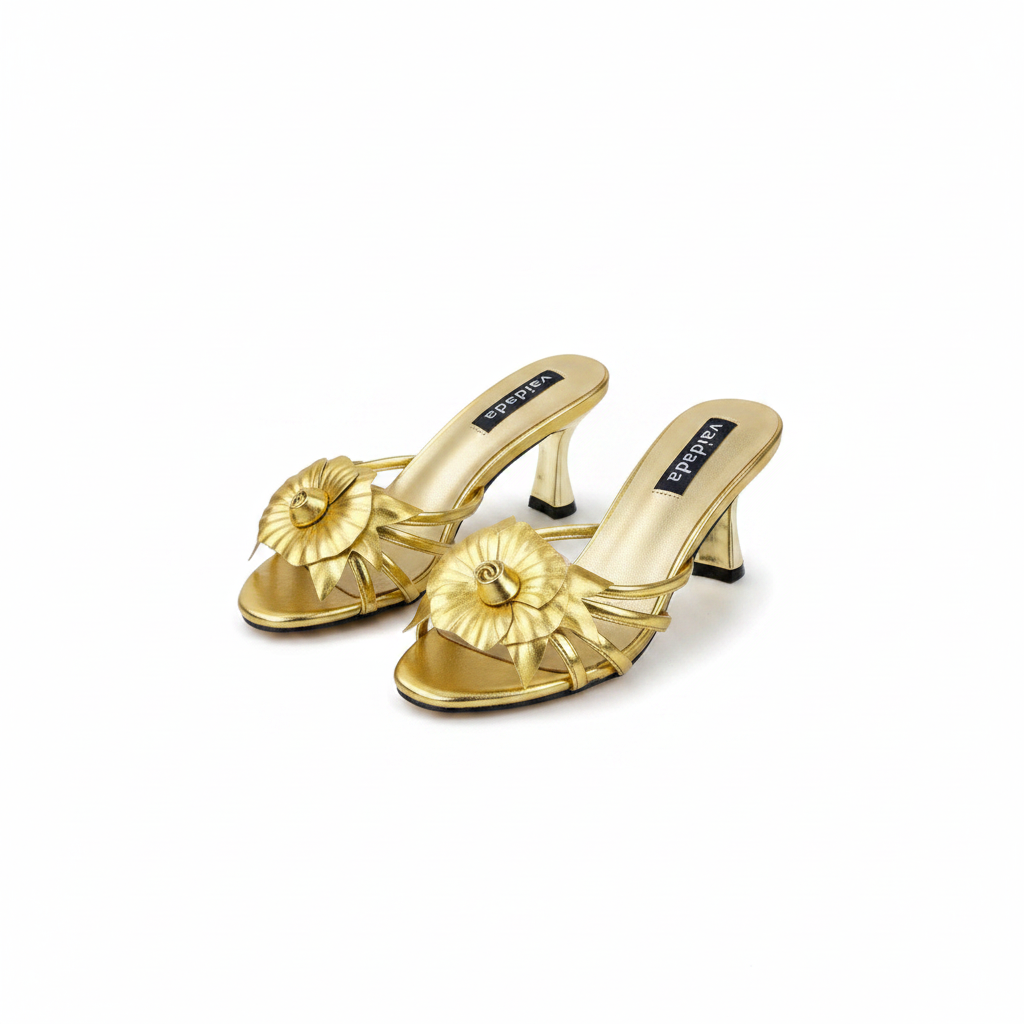 Ghost mannequin pair view of gold metallic floral kitten heel slide mules