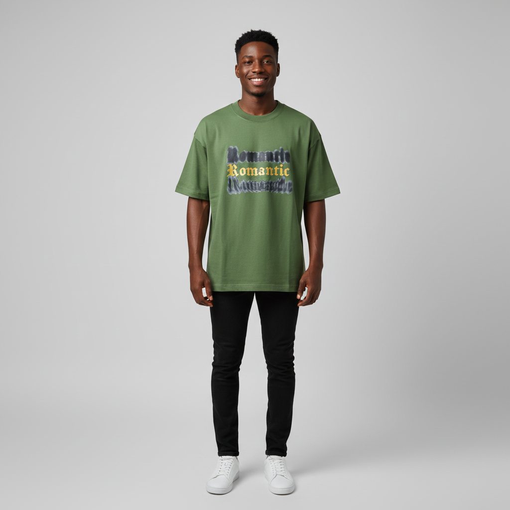 Army Green Romantic Graphic Oversized Tee - Model Front