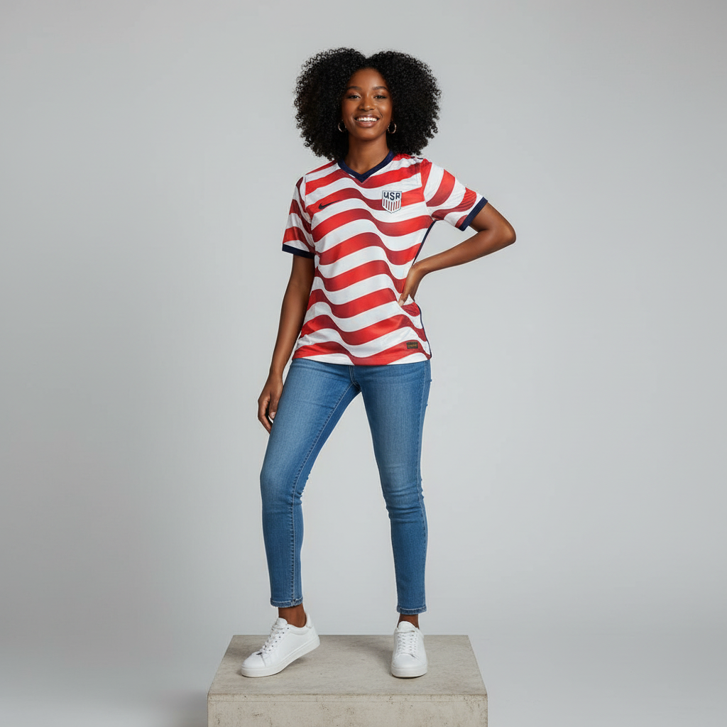 Nigerian female model wearing white red wave stripe football jersey on concrete plinth
