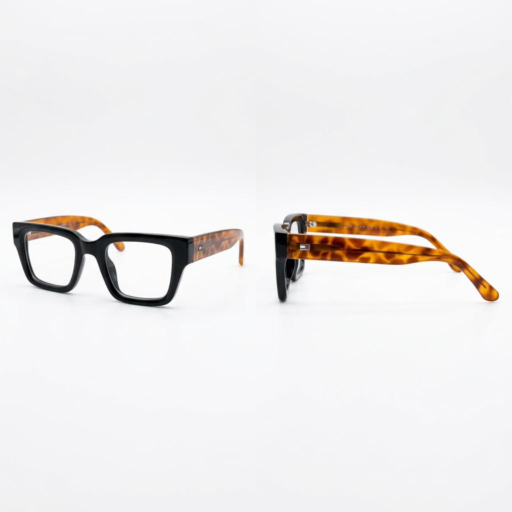 Black square clear-lens eyeglasses with amber-brown tortoiseshell arms, front and side views