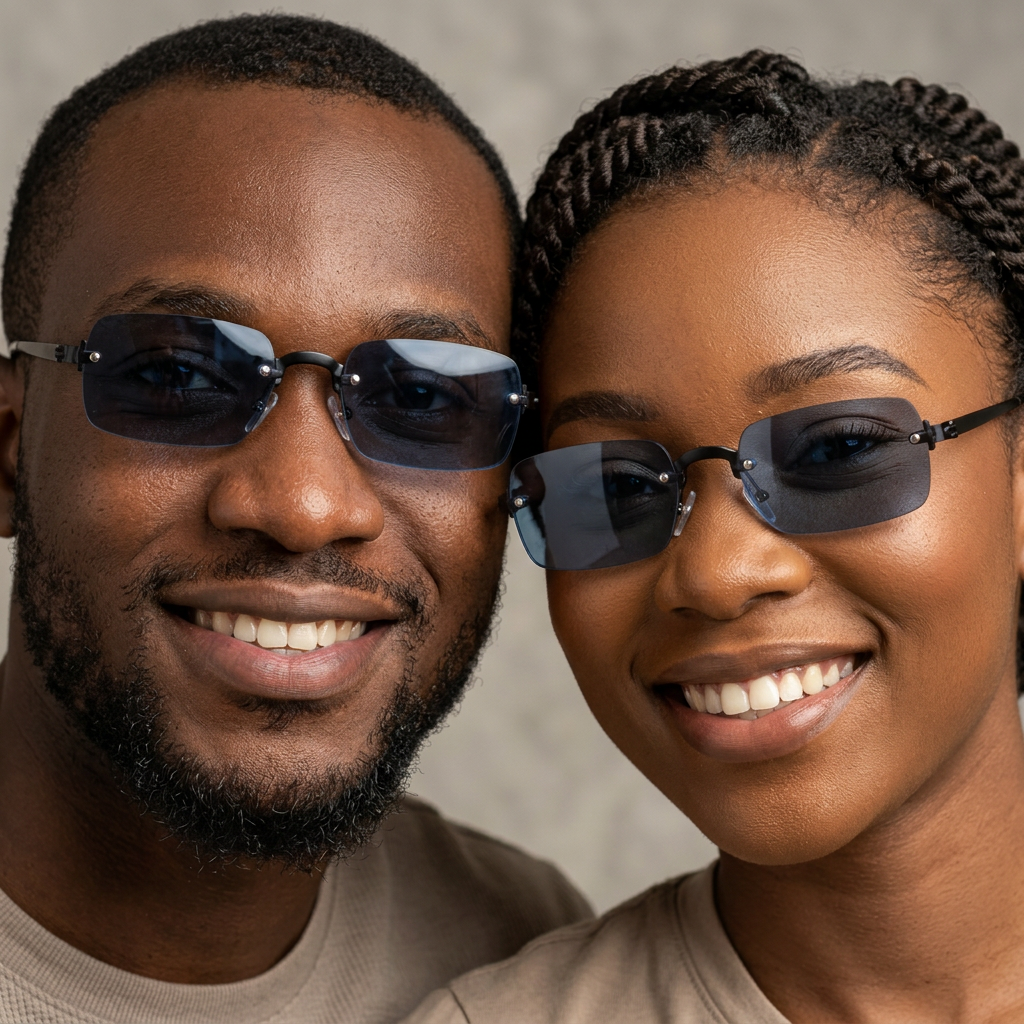 AI-generated adults wearing black-tone rimless rectangular sunglasses