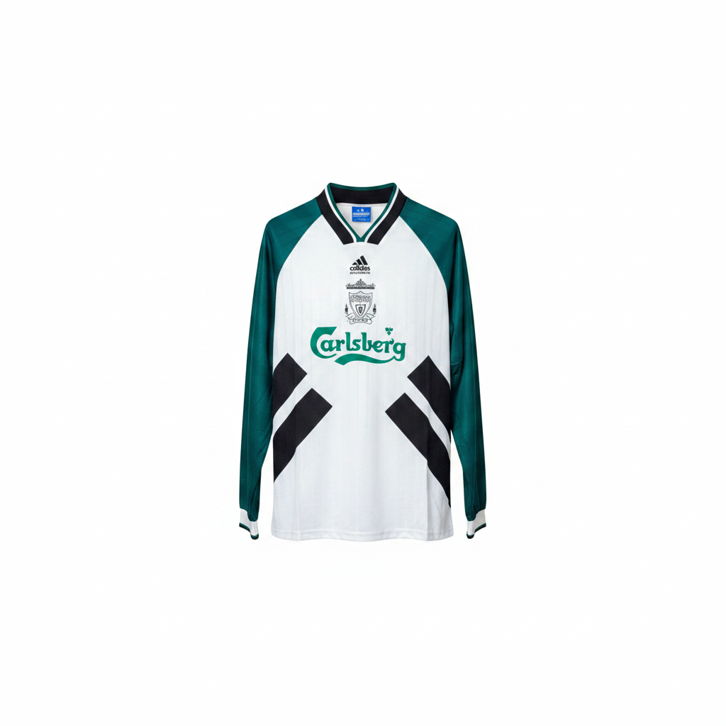 White and green long-sleeve retro football jersey with black cross panel — ghost mannequin front view