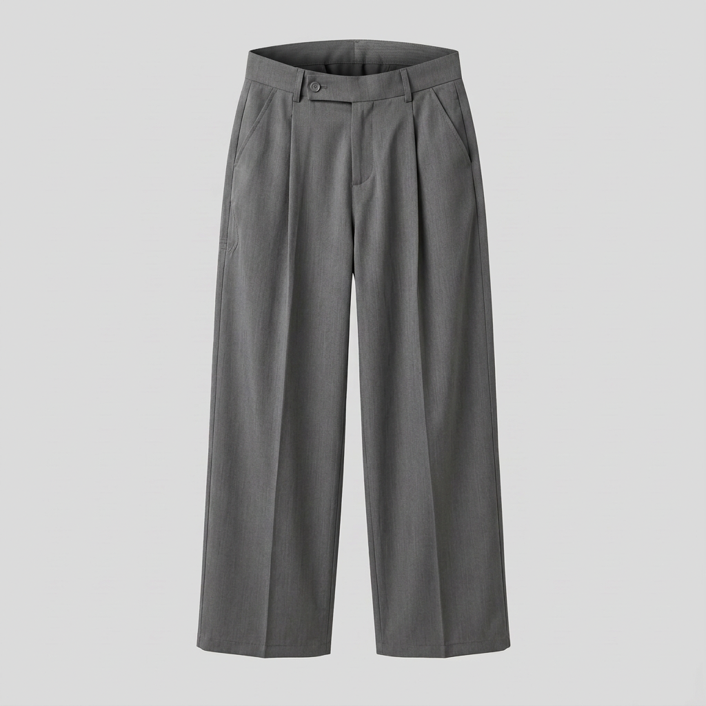 Grey pleated wide-leg trousers, ghost mannequin front view