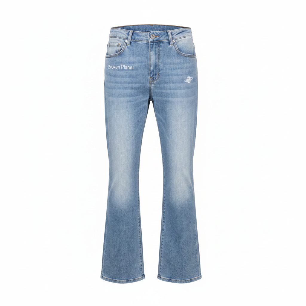Men's light blue washed flared denim jeans with white planet logo and script embroidery, ghost mannequin front view