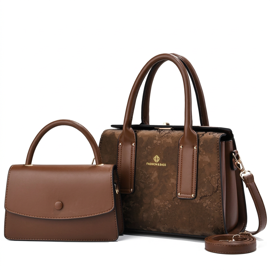 Brown textured tote and smooth mini top-handle bag set on white