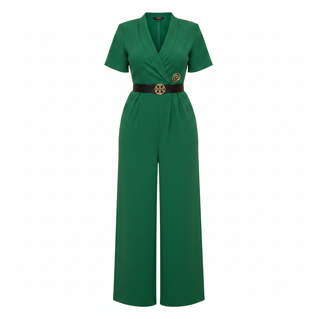 Women's short-sleeve V-neck belted wide-leg jumpsuit in green – ghost mannequin front view