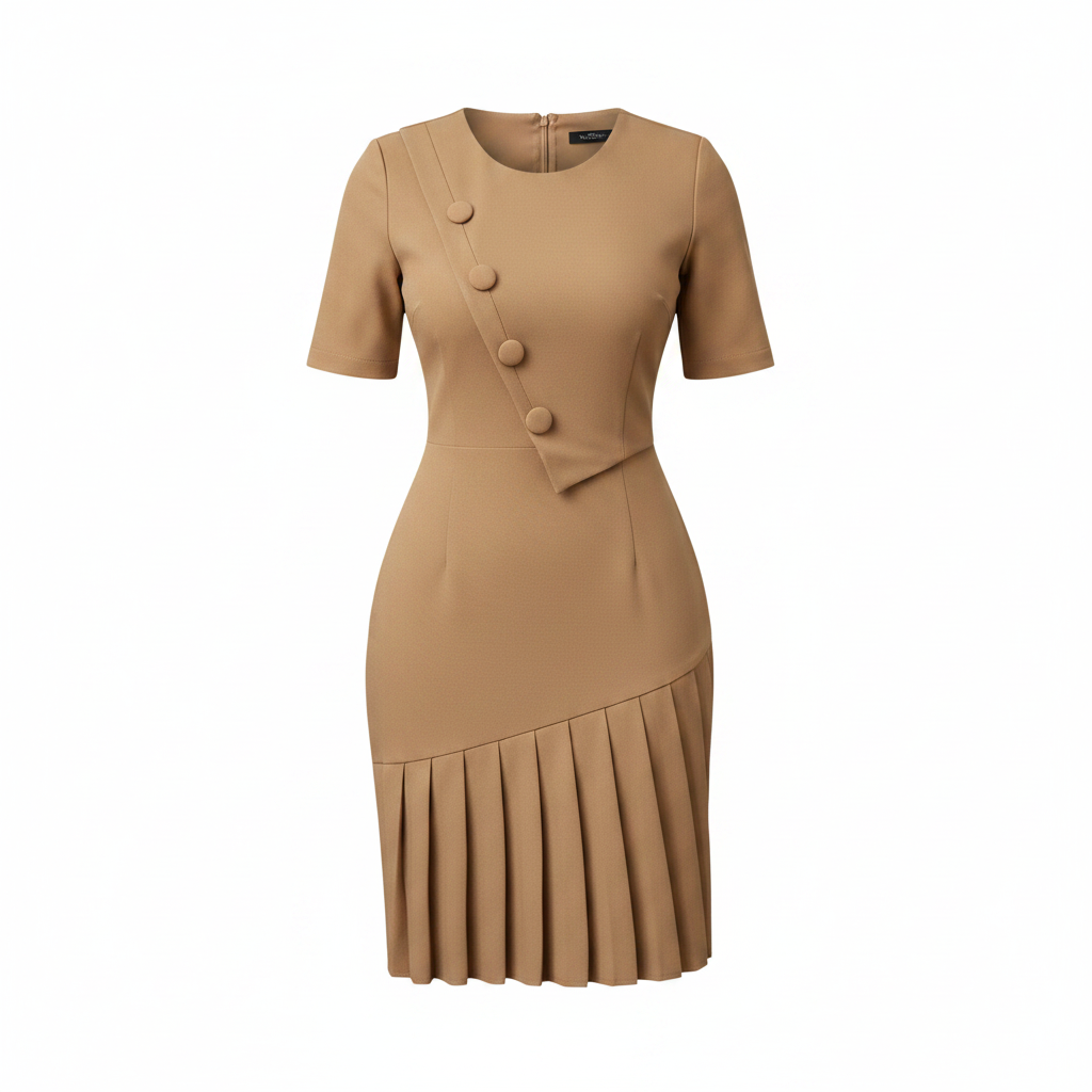 Women's Camel Button-Placket Pleated-Hem Midi Dress – Ghost Mannequin Front View