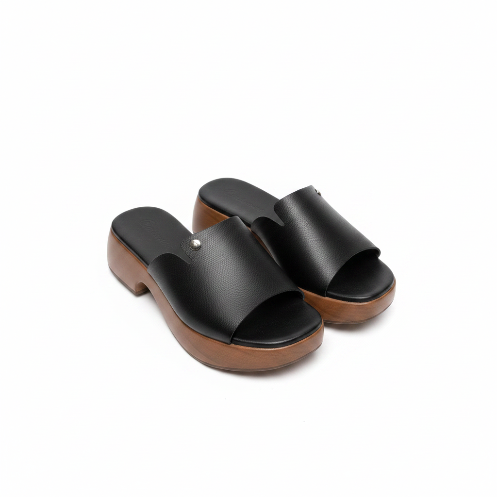 Ghost mannequin pair view of black leather chunky platform clog slide mules