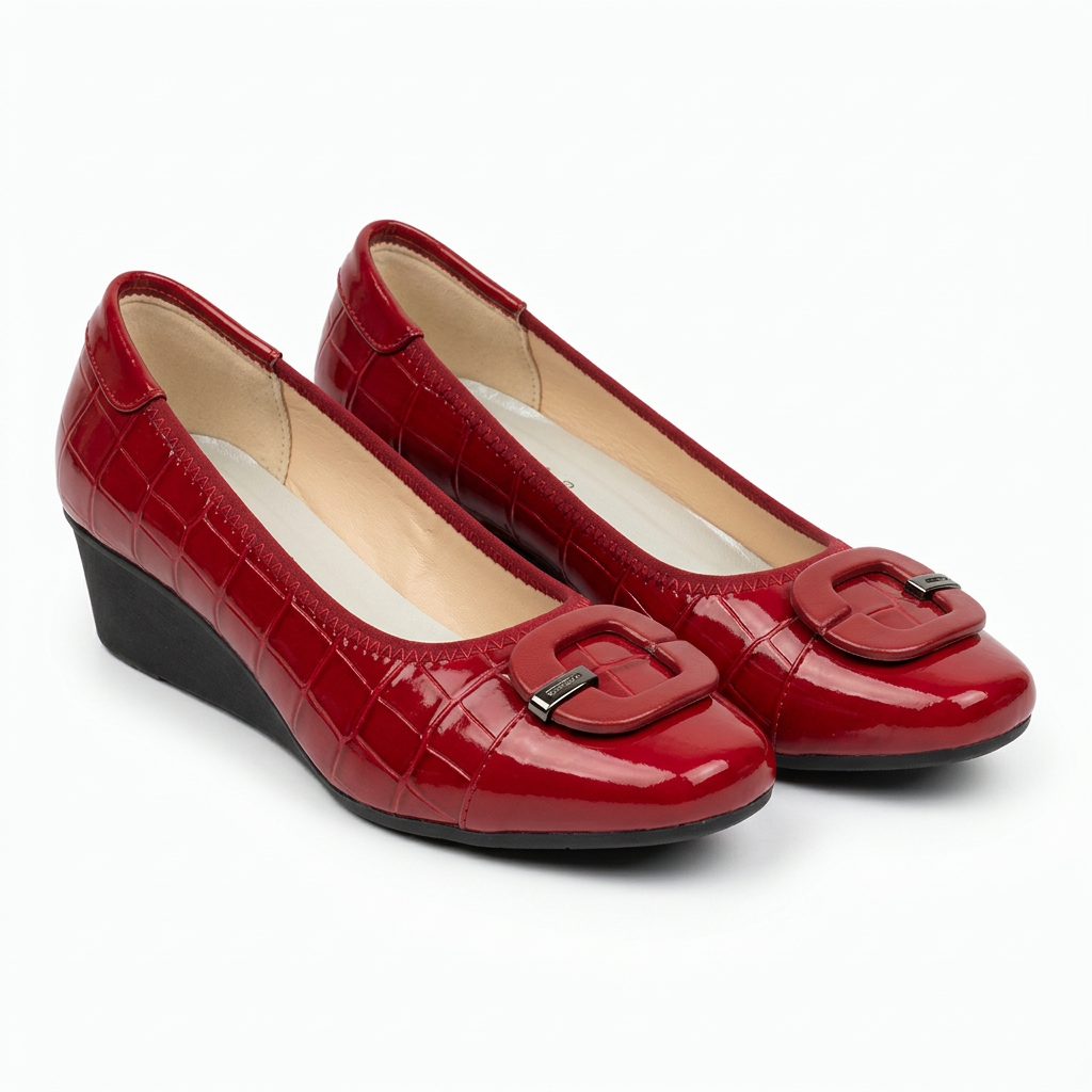 Matching red tab-detail wedge shoes