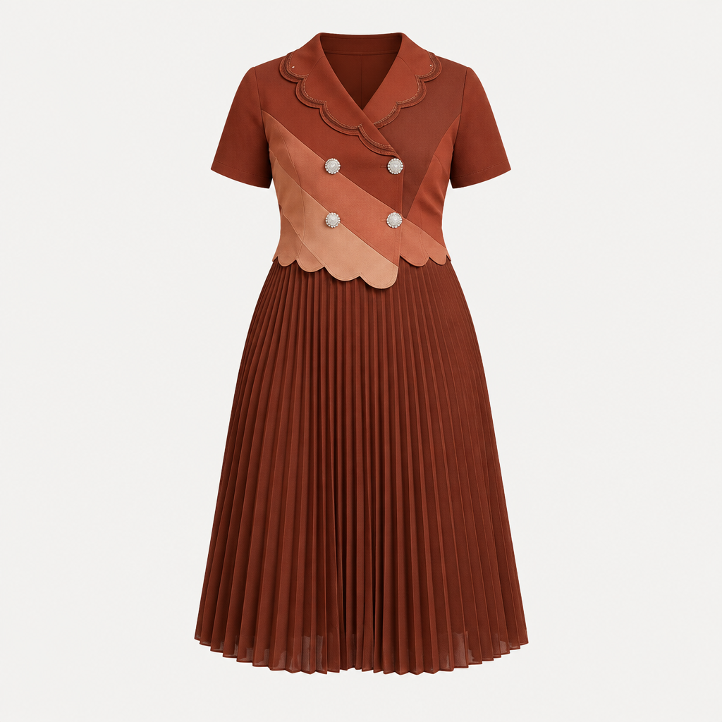 Rust two-tone buttoned pleated dress on invisible mannequin