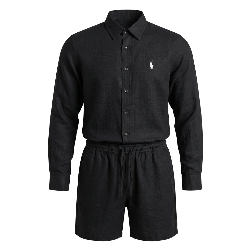 Black long-sleeve button-up shirt and drawstring shorts on white background