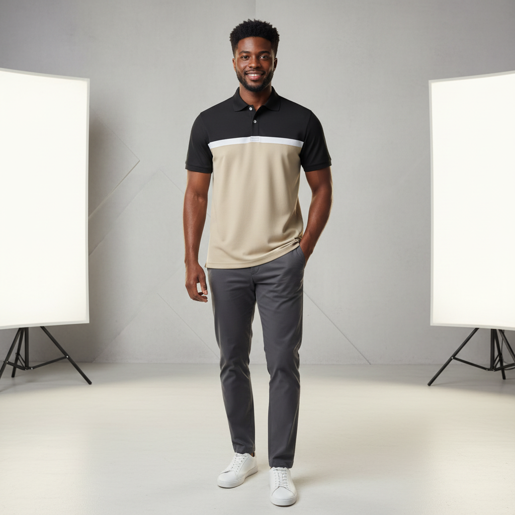 Young Nigerian male model wearing black khaki colourblock stripe polo shirt