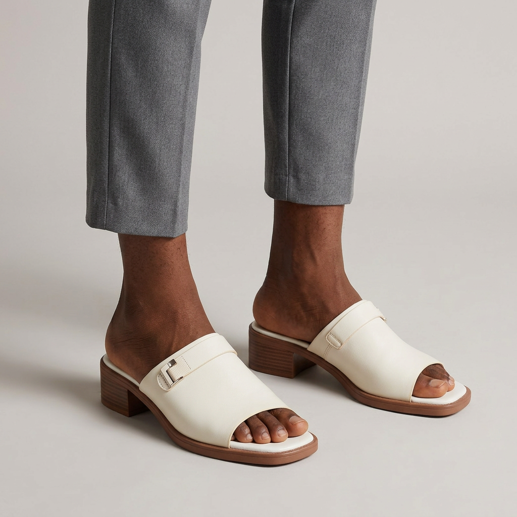 Lower-leg model view wearing both ivory block-heel slides