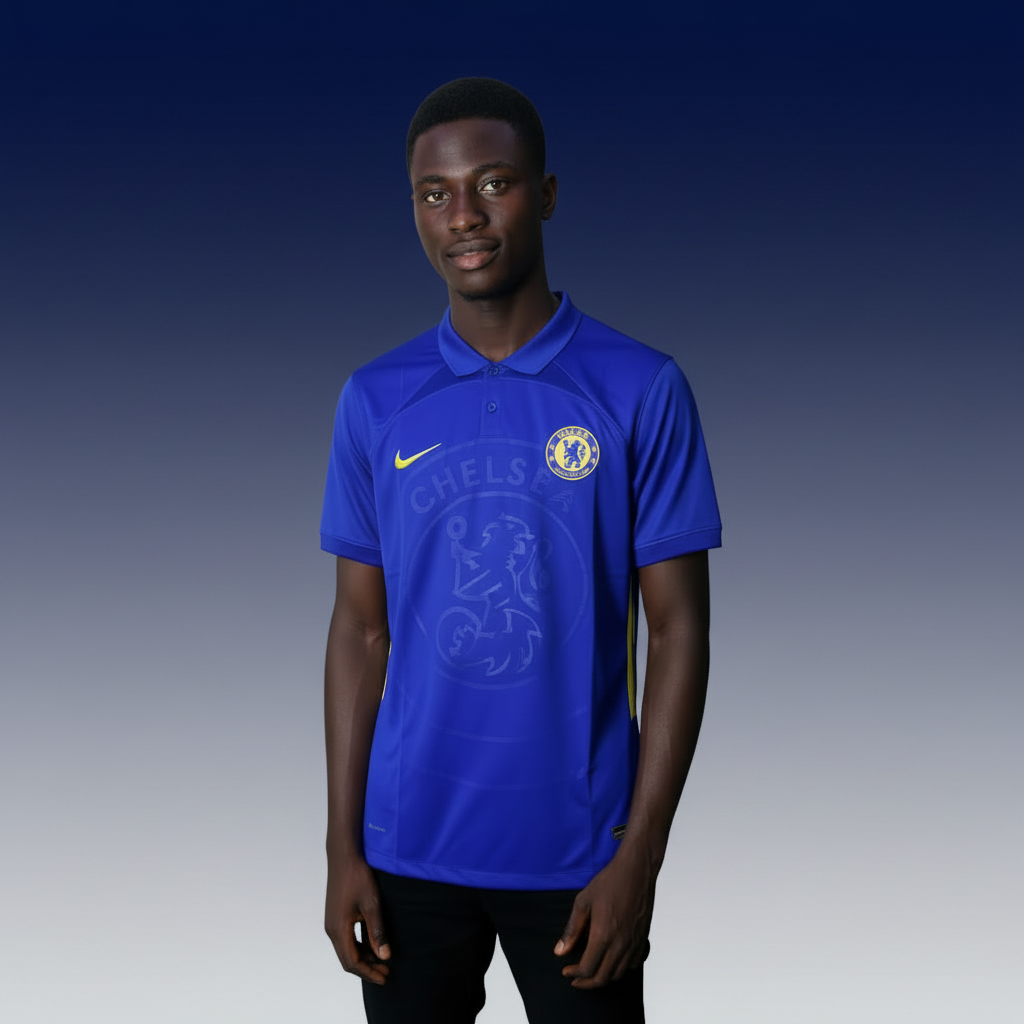 Nigerian male model wearing royal blue Chelsea FC jersey - studio gradient