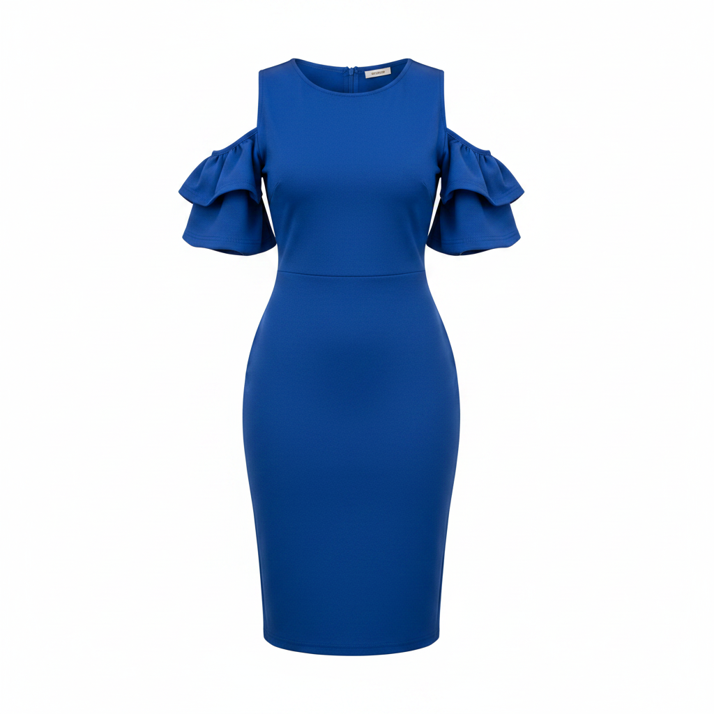 Ghost mannequin view of women's royal blue cold-shoulder puff sleeve bodycon midi dress