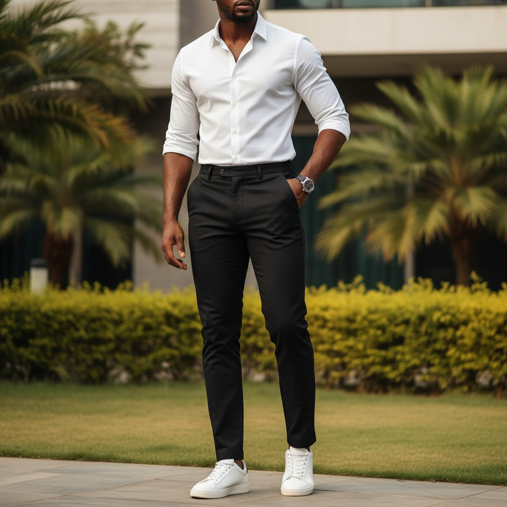 Nigerian male model wearing black slim trousers in outdoor setting