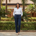Model shot — Women's Navy Straight-Leg Trousers
